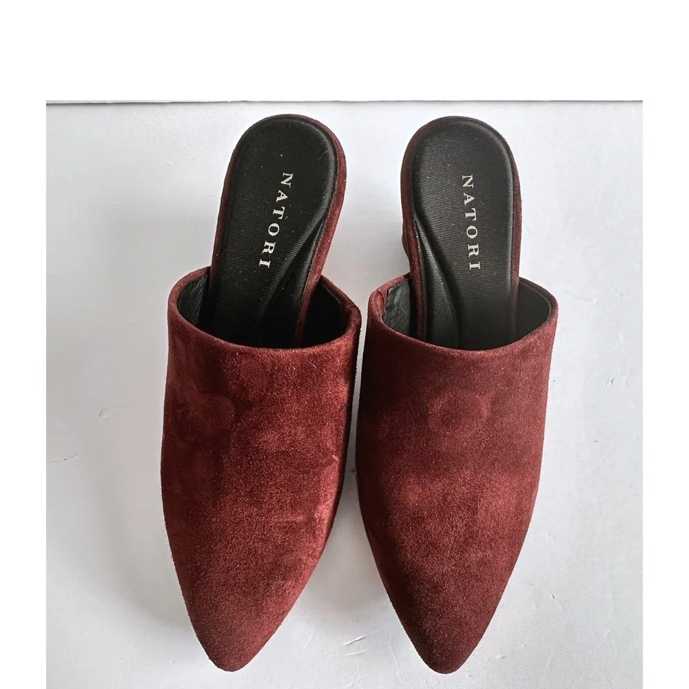 Natori Burgundy Academia Minimalist Suede Pointed Toe Wedge Mules Womens US 5